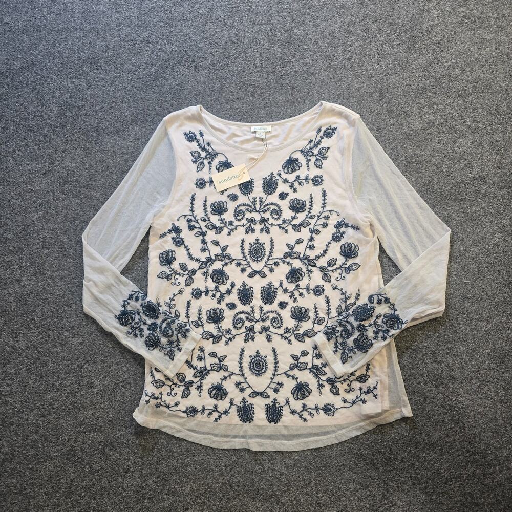 Sundance Top Womens Size Large Gray Blue Beaded Floral Sheer Lined Boho Western